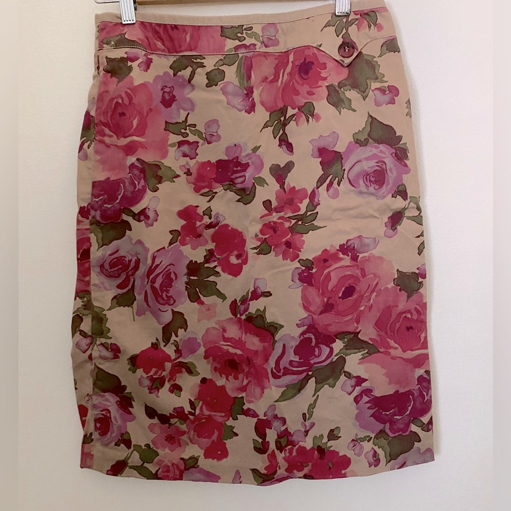Anthropologie Odille Floral Skirt Brown Pink Size 0 Rose Side Zip Knee Straight